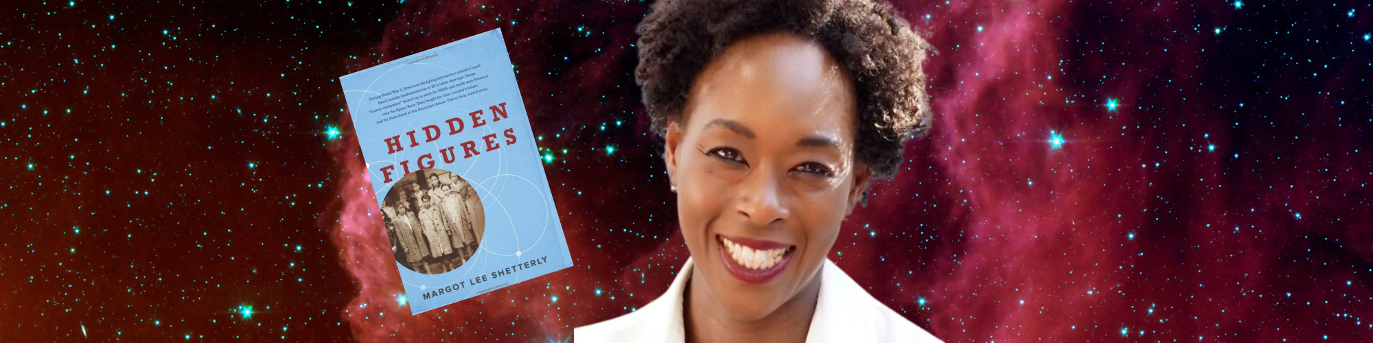space in background with author and light blue book cover